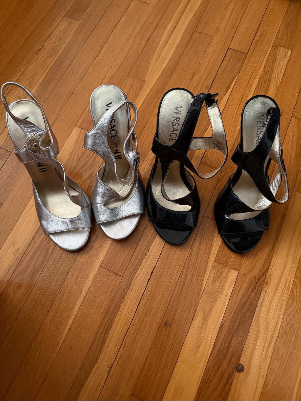 Versace X H&M Two Pairs Of Heels, Black Patent Leather And Silver Size 39 Us 8